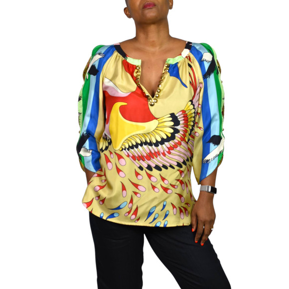 TIBI Silk Print Tunic Yellow Colorful Peacock Jeweled Studs Blue Cutouts Birds 6 - Picture 8 of 16